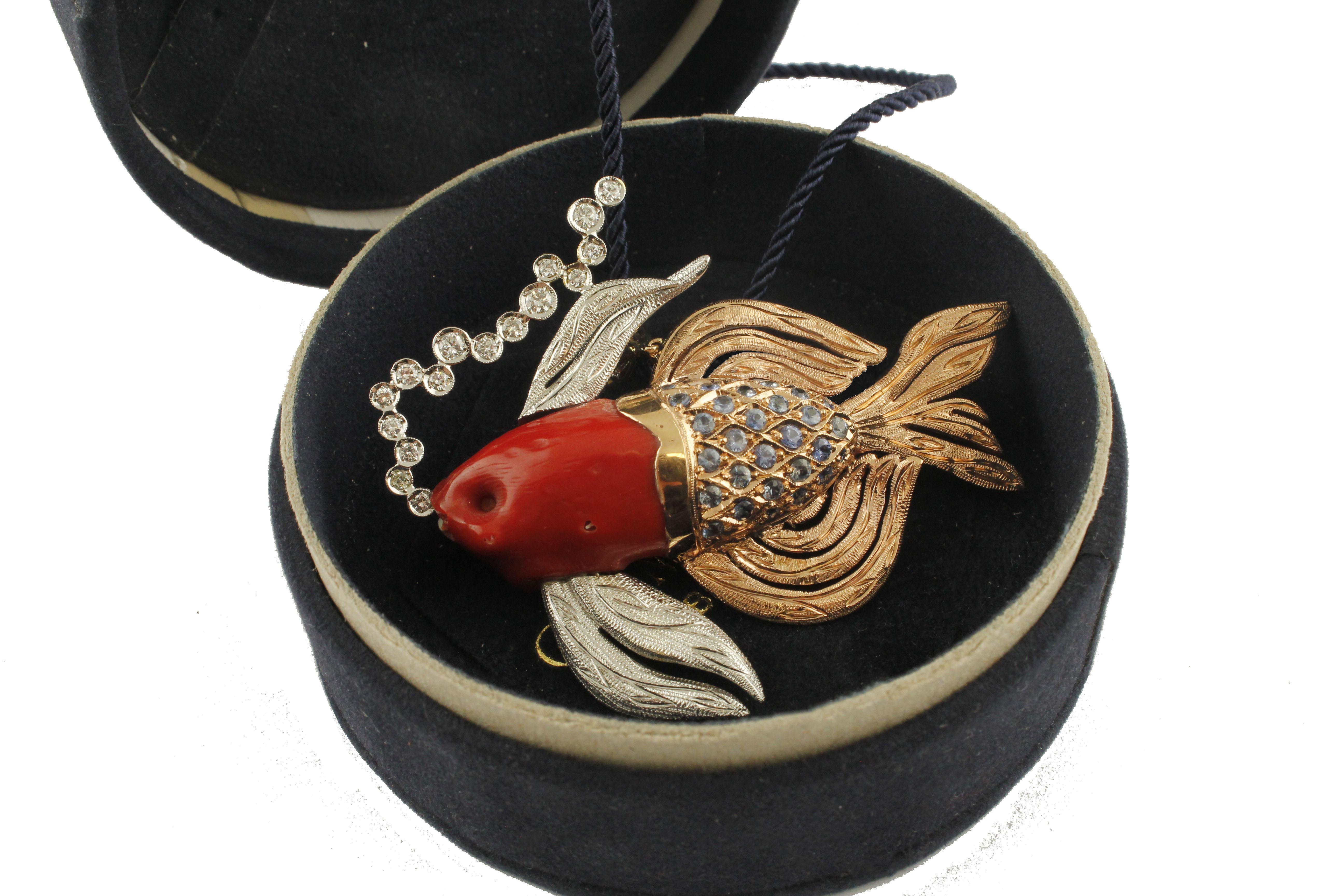 Brilliant Cut Diamonds, Blue Sapphires, Red Coral, 14K Rose Gold, Fish Shape Pendant Necklace For Sale