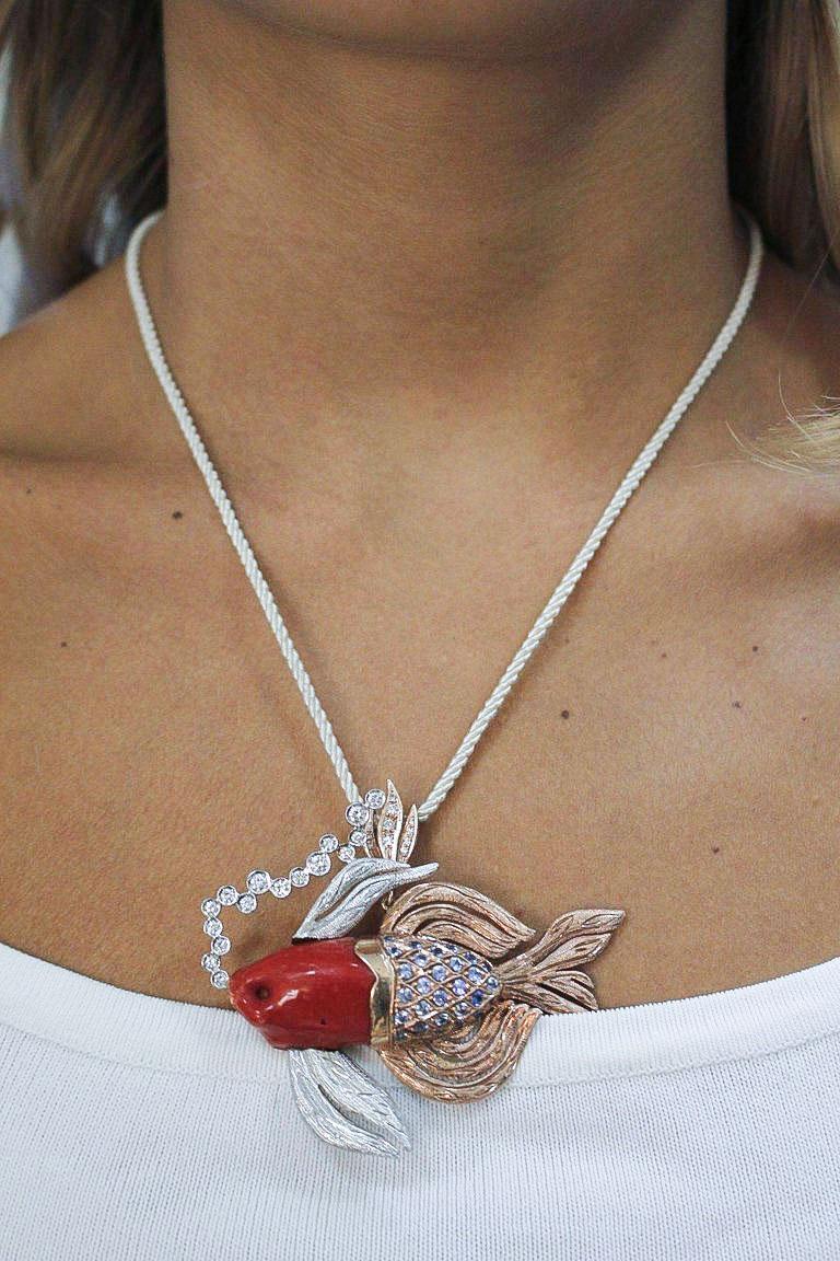 Women's or Men's Diamonds, Blue Sapphires, Red Coral, 14K Rose Gold, Fish Shape Pendant Necklace For Sale