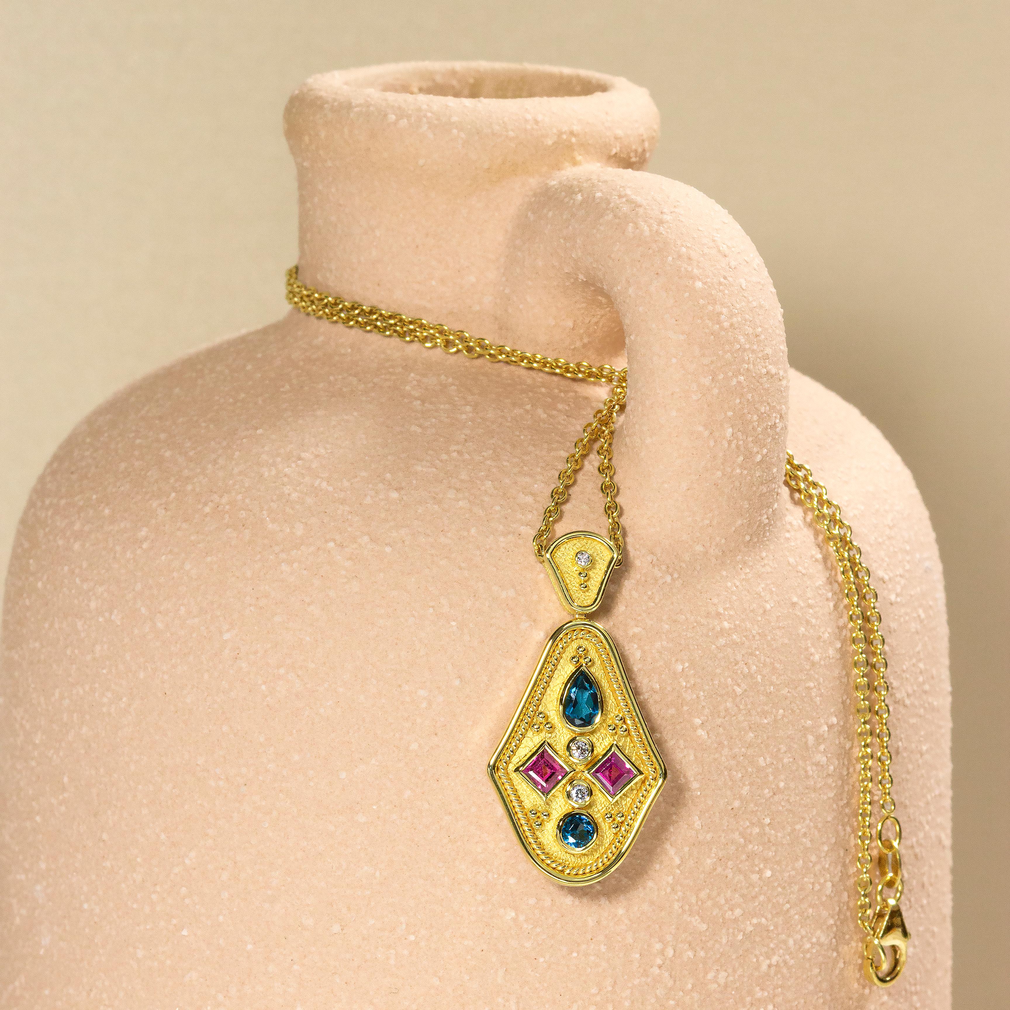 Byzantine Gold Pendant with Rhodolites Topaz and Diamonds For Sale