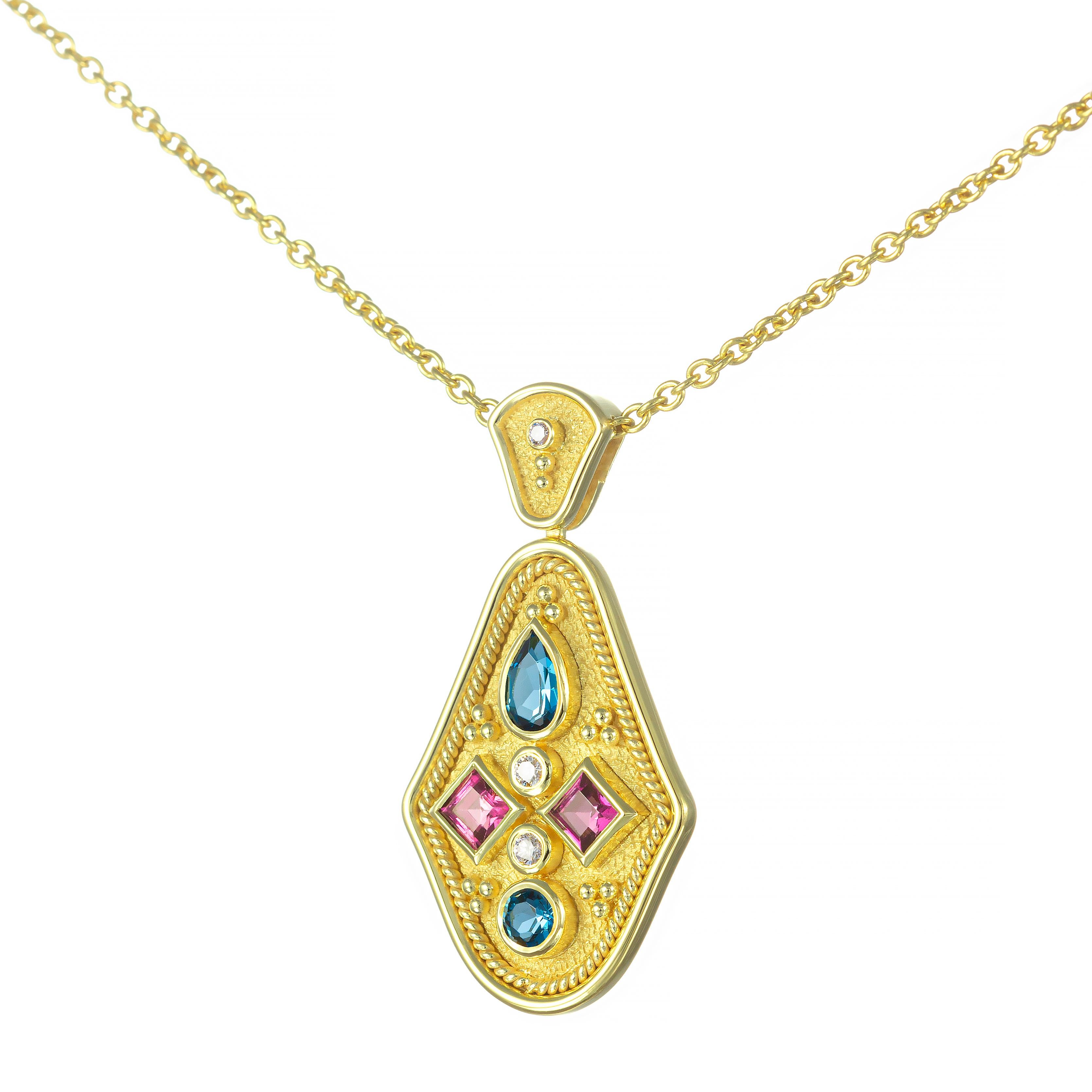 Square Cut Gold Pendant with Rhodolites Topaz and Diamonds For Sale