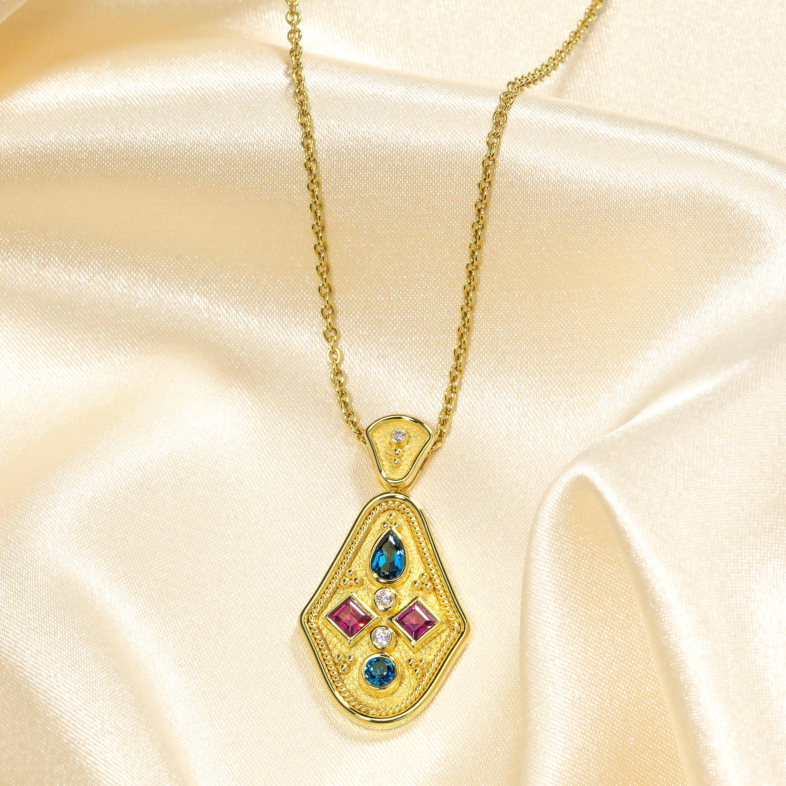 Gold Pendant with Rhodolites Topaz and Diamonds In New Condition For Sale In Athens, GR