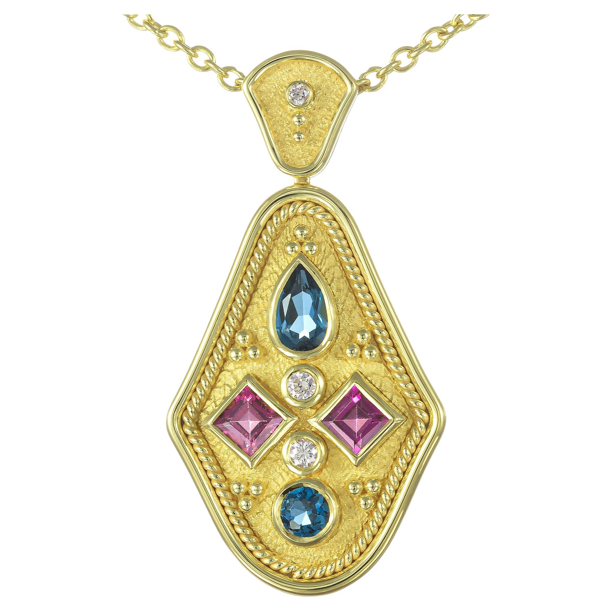 Gold Pendant with Rhodolites Topaz and Diamonds For Sale