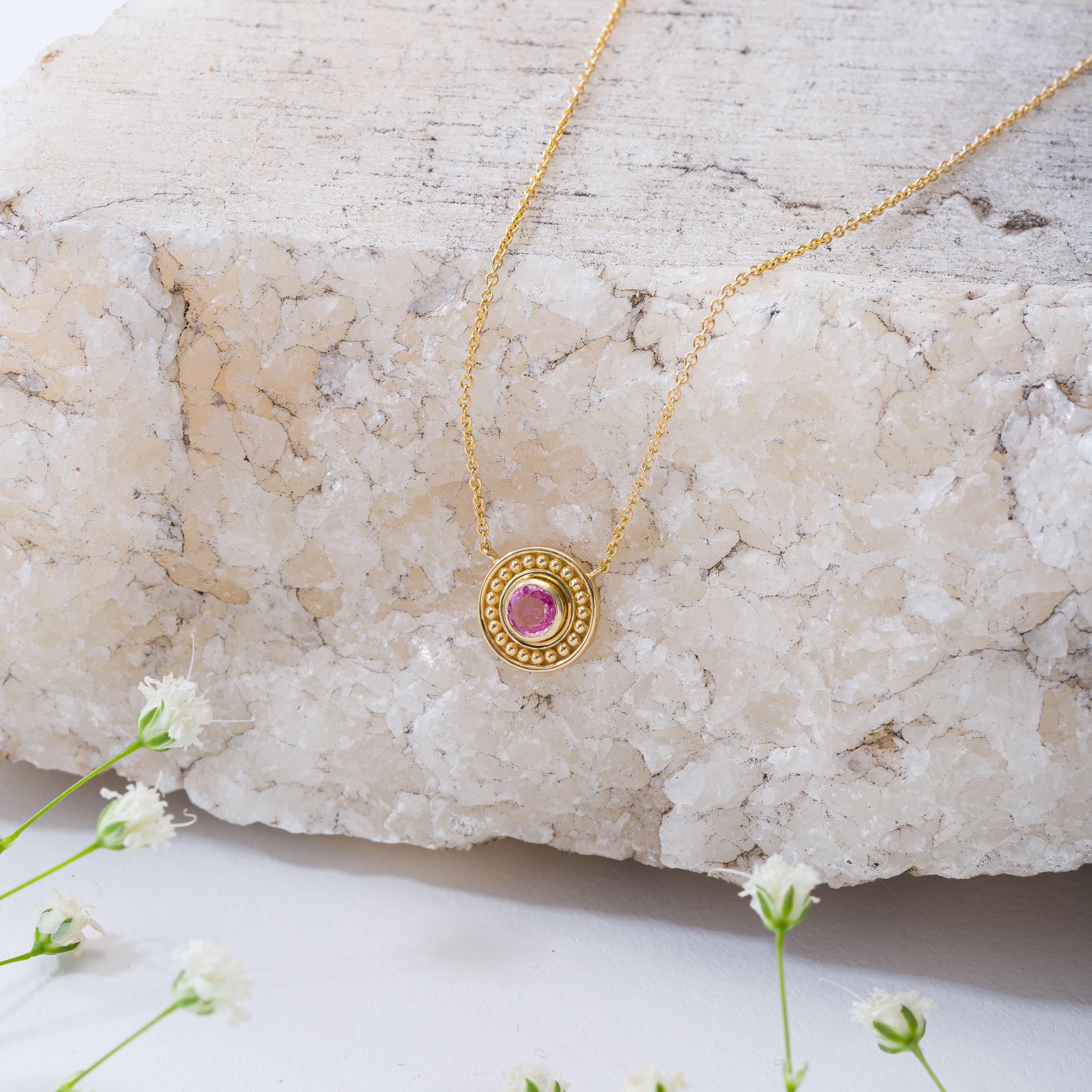 Byzantine Gold Pendant with Round Pink Sapphire For Sale