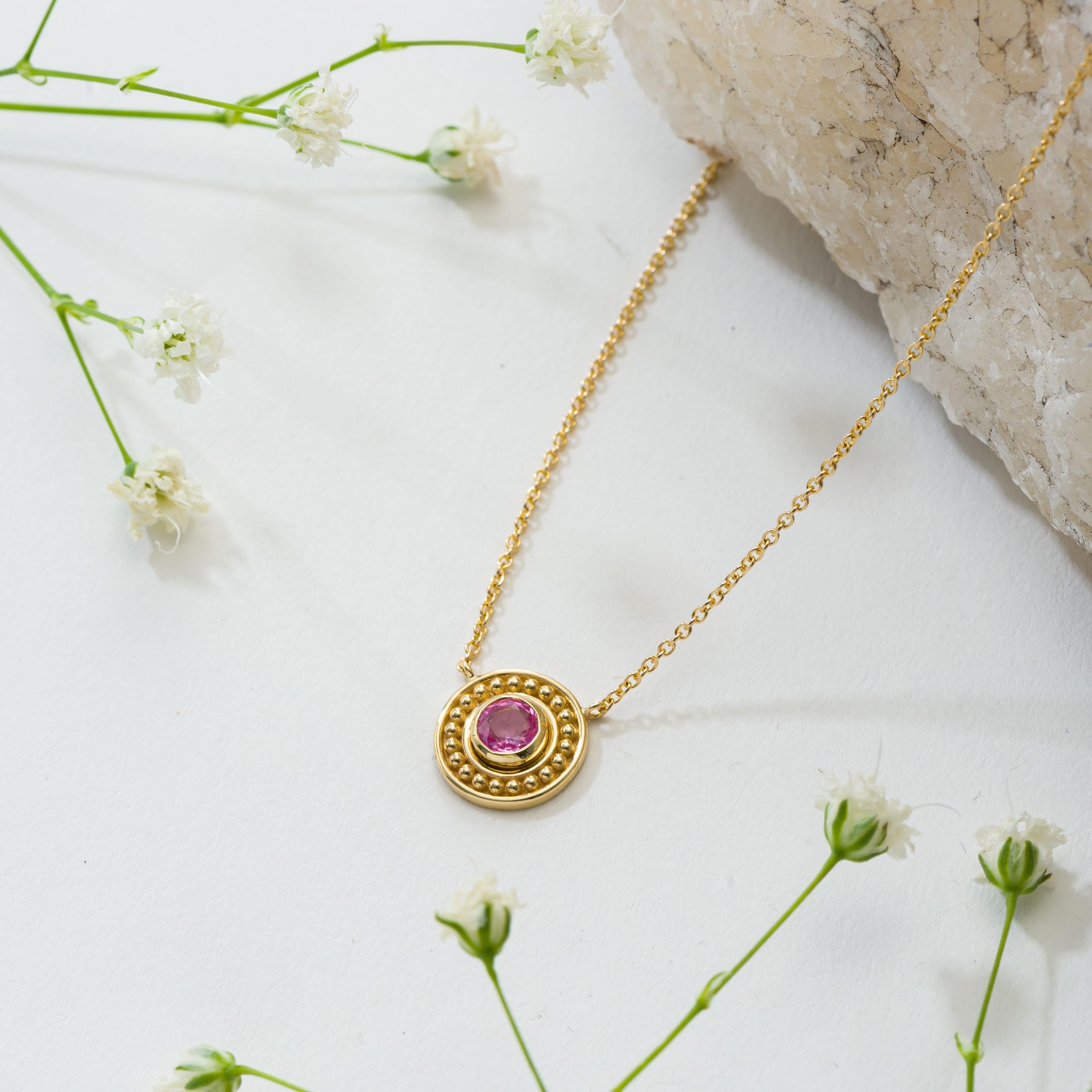 Women's Gold Pendant with Round Pink Sapphire For Sale