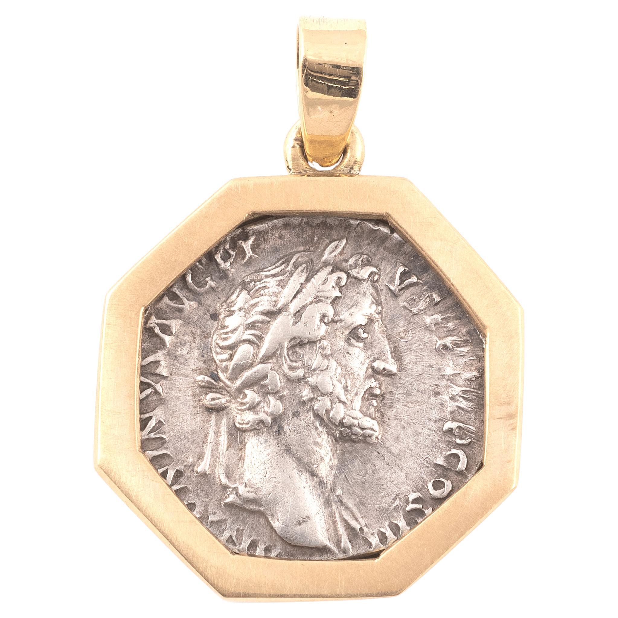 Classical Roman Gold Pendant With Silver Denarius Depicting Emperor Antoninus Pius, 136 AD