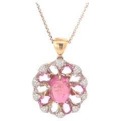 Gold Pendant with White Diamonds and Pink Tourmaline and Multicolour Sapphires