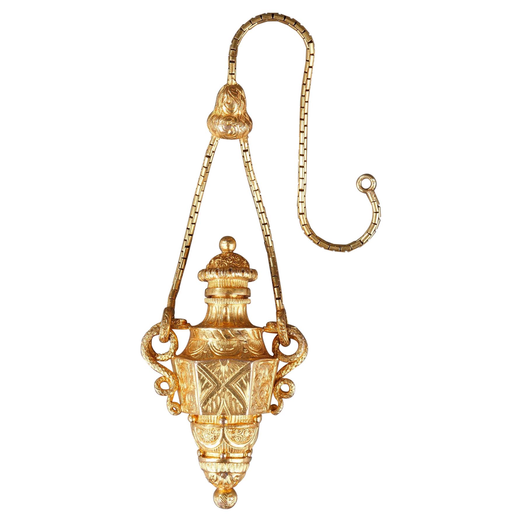 Gold Perfume Flask Amphora Bottle with a Chain