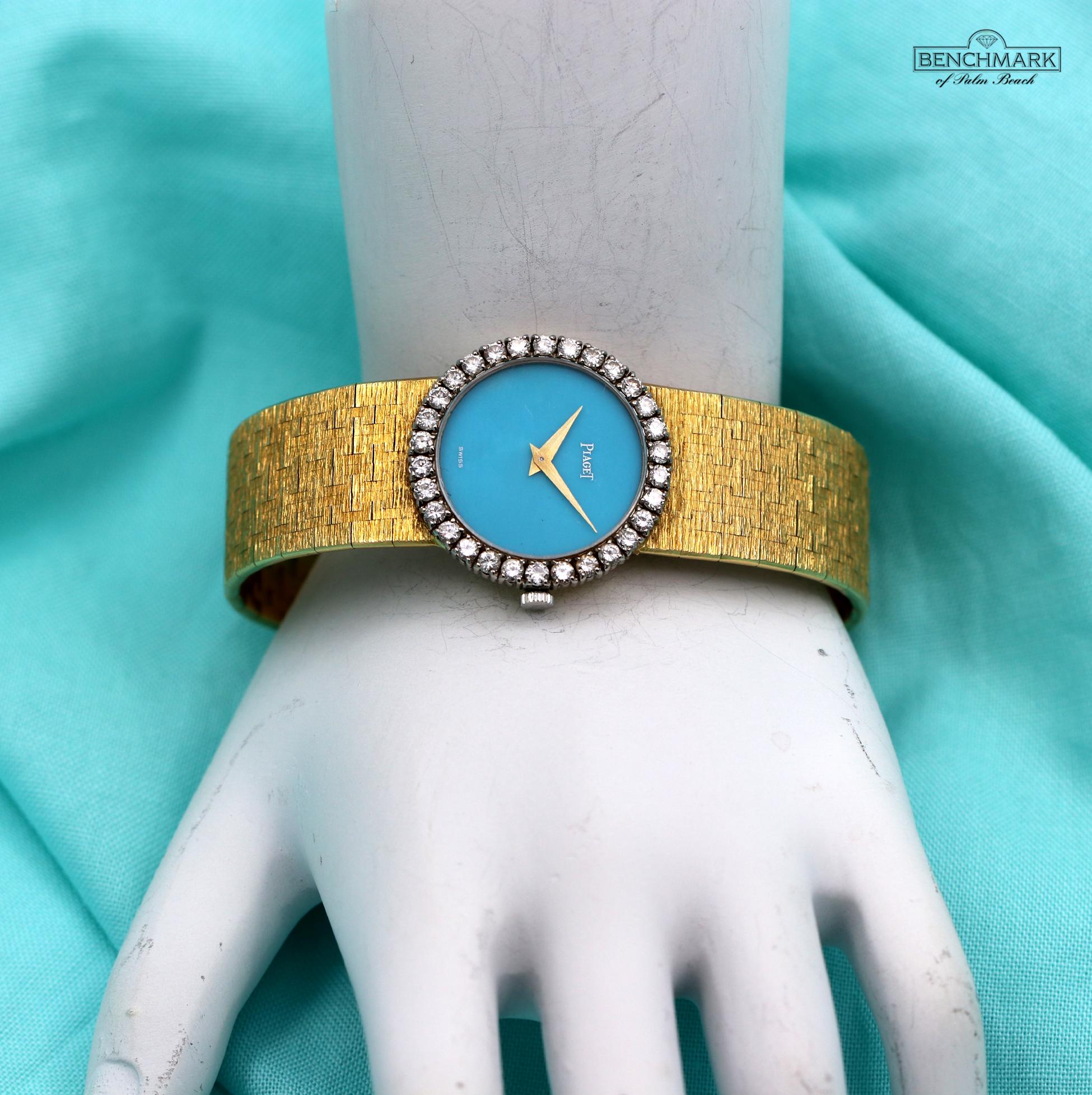 Gold Piaget Wristwatch with Turquoise Dial and Diamond Bezel In Excellent Condition In Palm Beach, FL