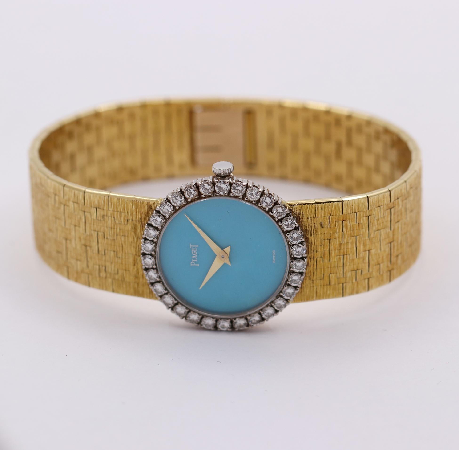 Gold Piaget Wristwatch with Turquoise Dial and Diamond Bezel 1