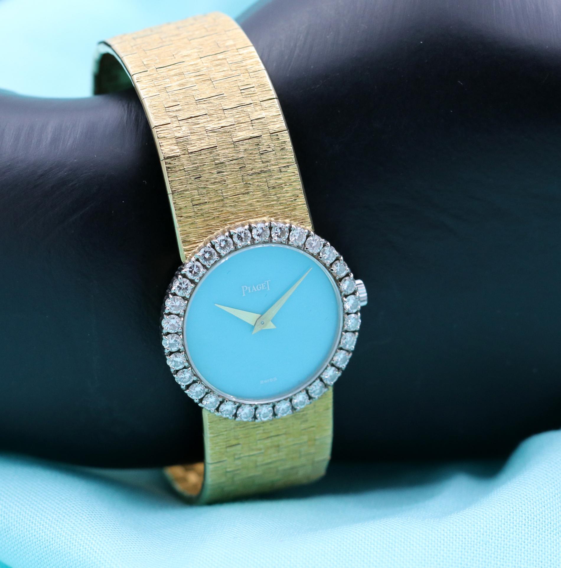 Gold Piaget Wristwatch with Turquoise Dial and Diamond Bezel 2