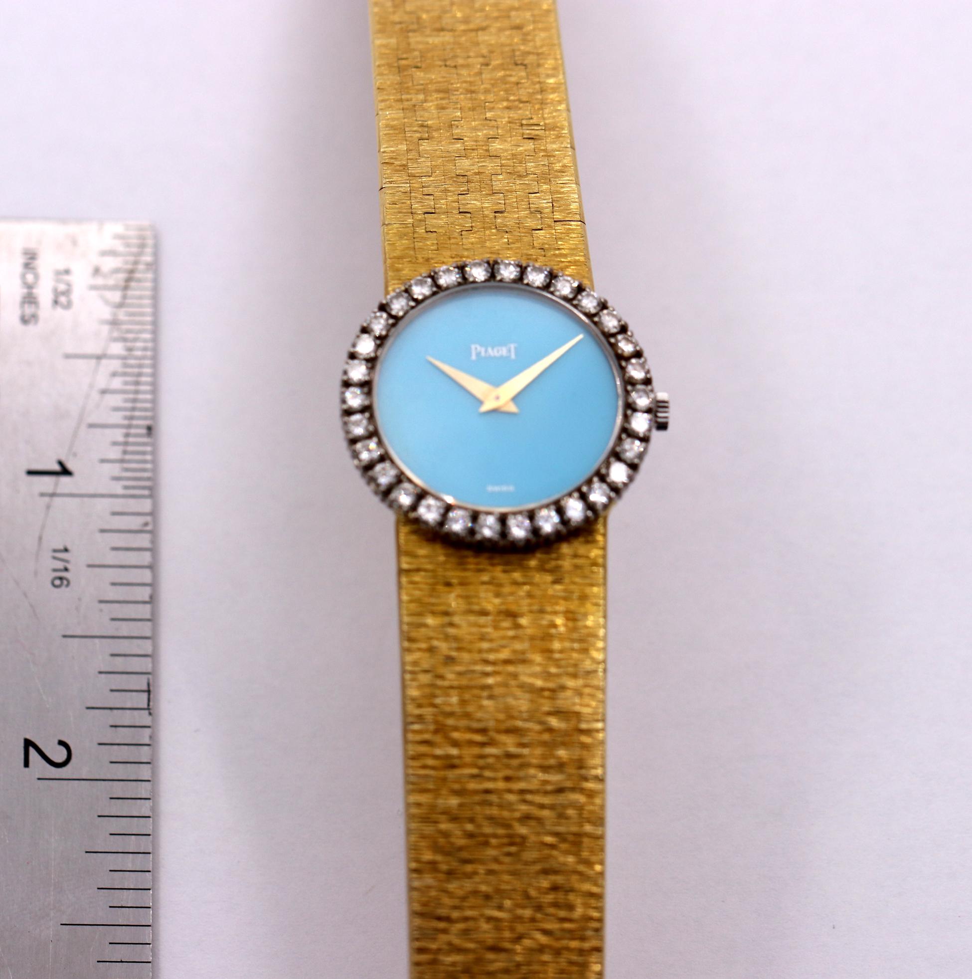Gold Piaget Wristwatch with Turquoise Dial and Diamond Bezel 3