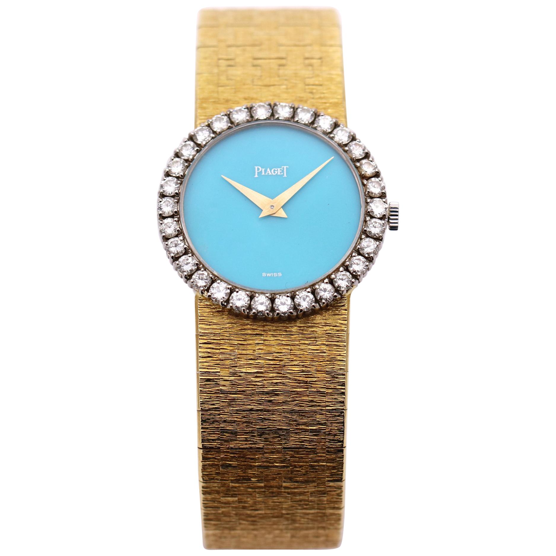 Gold Piaget Wristwatch with Turquoise Dial and Diamond Bezel