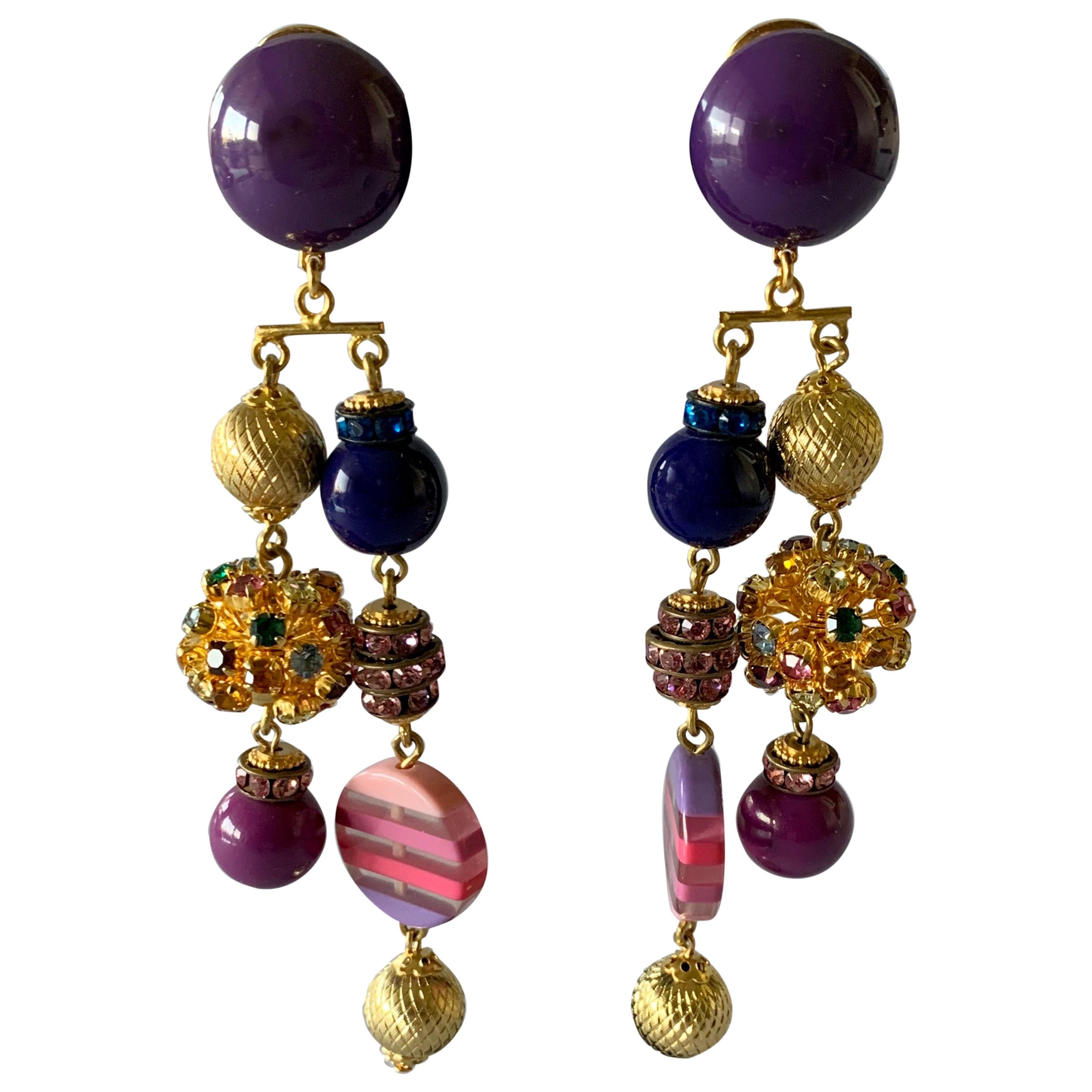 Gold, Pink, and Purple French Designer Statement Earrings 