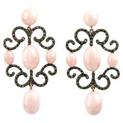 Gold, Pink Coral and Tsavorite Earrings