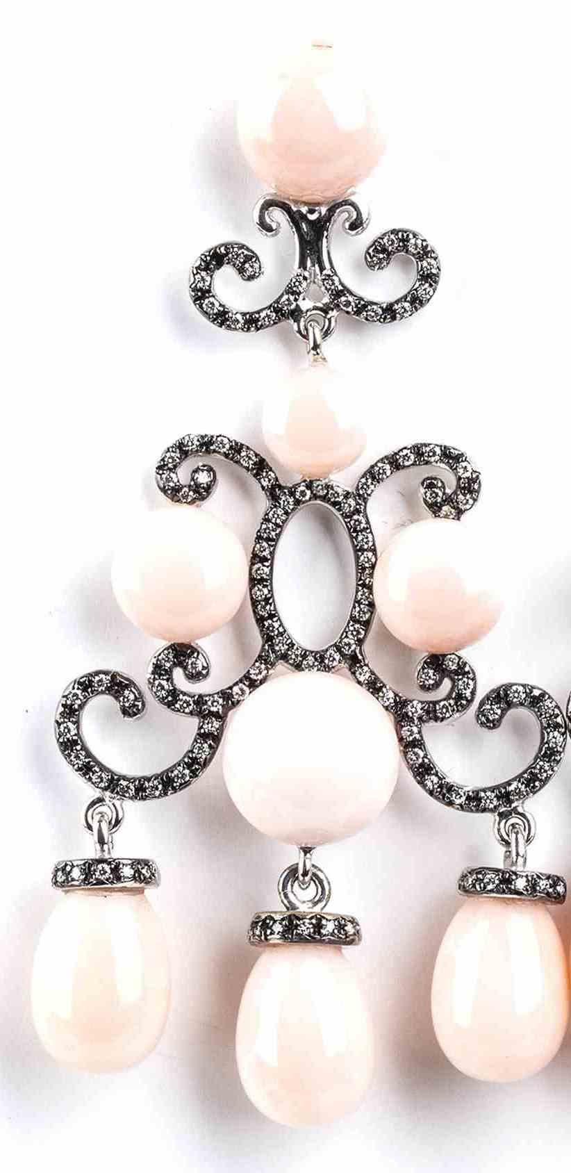 Brilliant Cut Gold, Pink Coral Chandelier Style and Diamonds Earrings