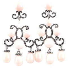 Gold, Pink Coral Chandelier Style and Diamonds Earrings