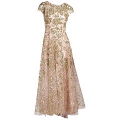 Gold & Pink Oscar de la Renta Sequined Tulle Gown