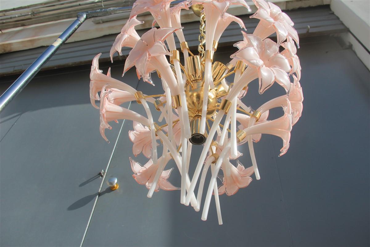Gold Pink Round Chandelier Murano Franco Luce Design 1970s Italian Flowers 3