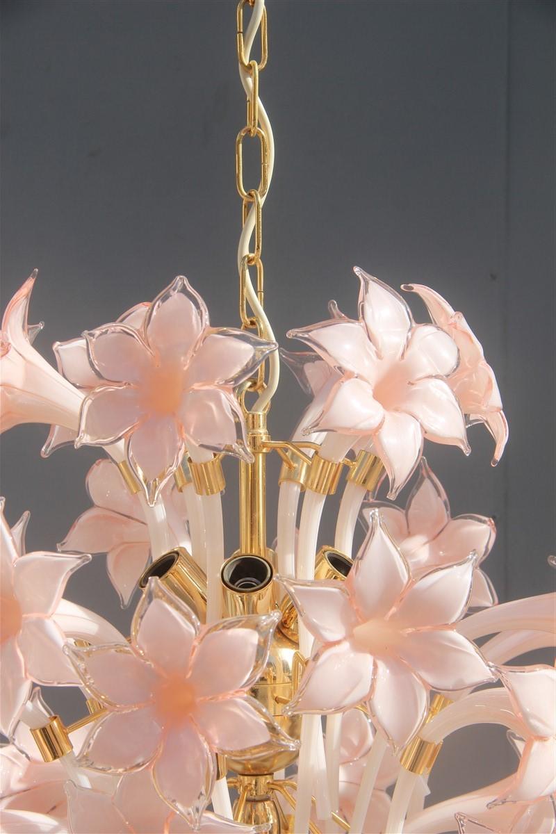 Mid-Century Modern Gold Pink Round Chandelier Murano Franco Luce Design 1970s Italian Flowers