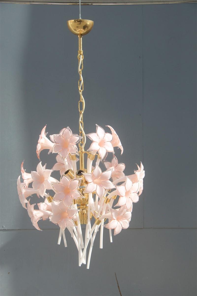 Late 20th Century Gold Pink Round Chandelier Murano Franco Luce Design 1970s Italian Flowers