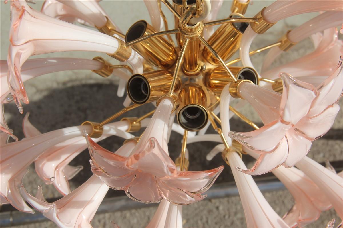 Gold Pink Round Chandelier Murano Franco Luce Design 1970s Italian Flowers 2