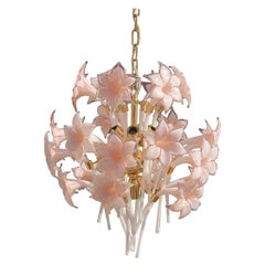 Gold Pink Round Chandelier Murano Franco Luce Design 1970s Italian Flowers