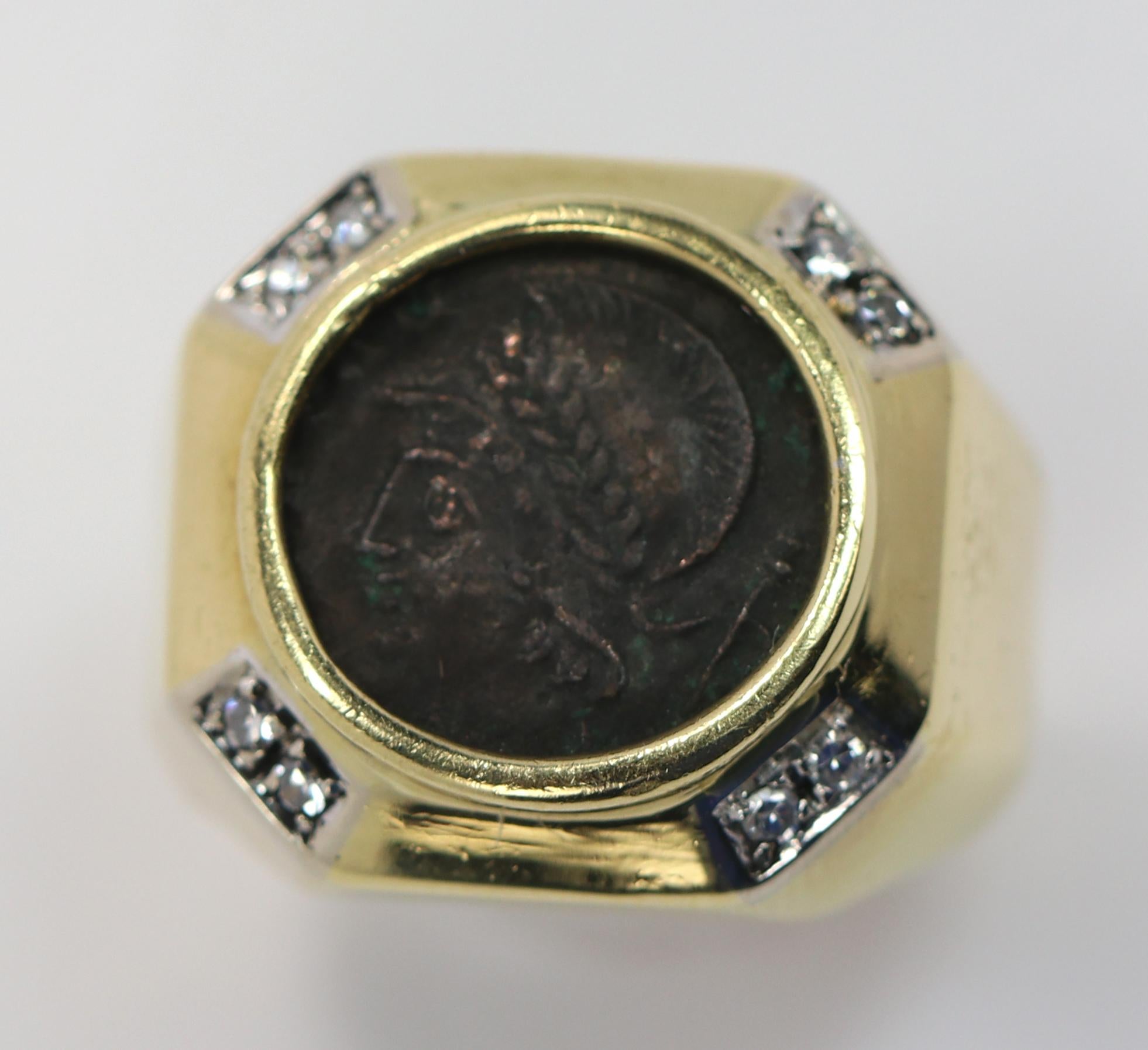 Gold Pinky Ring with Diamonds and Ancient Coin In Good Condition In Palm Beach, FL