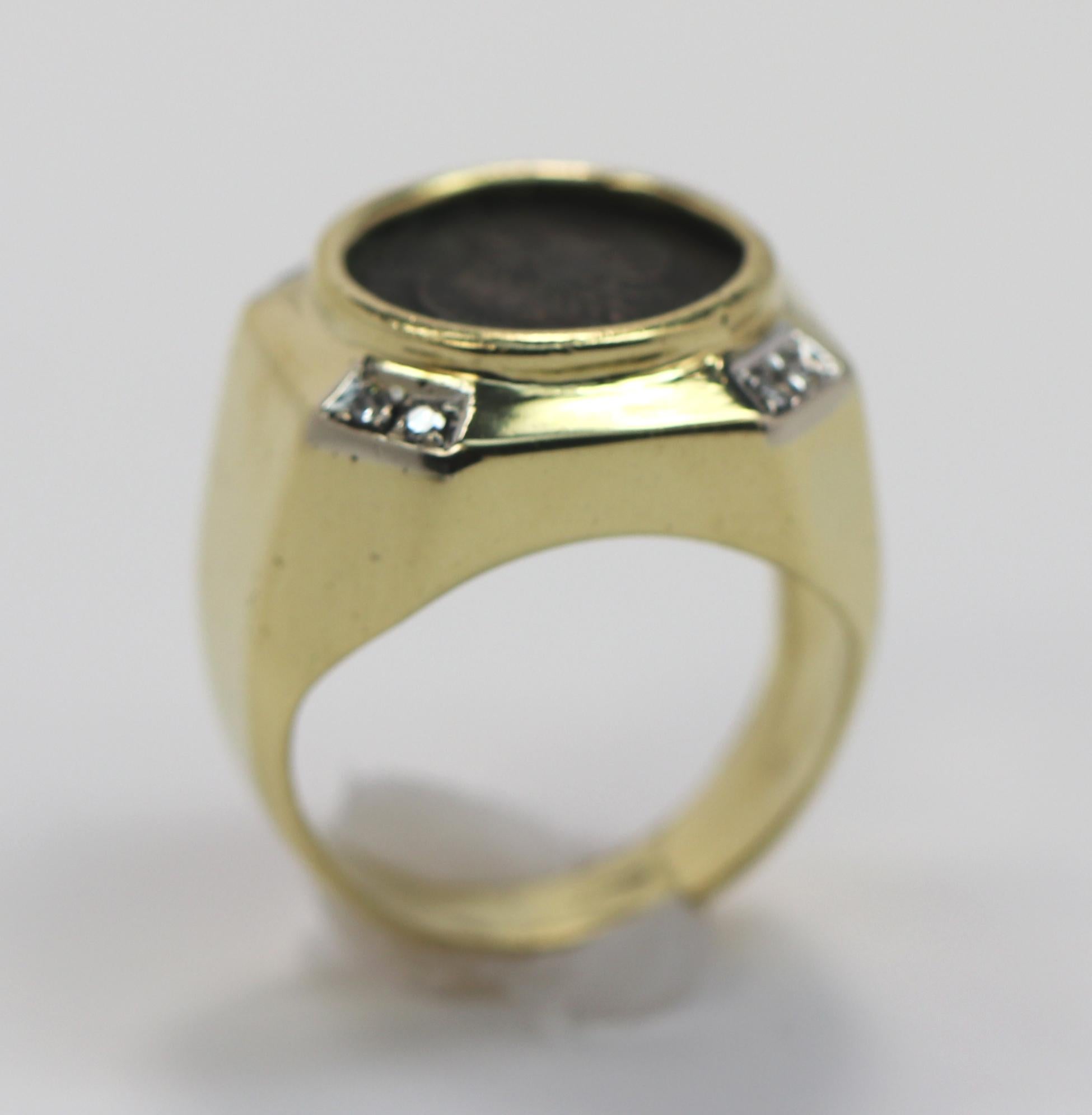 Women's Gold Pinky Ring with Diamonds and Ancient Coin