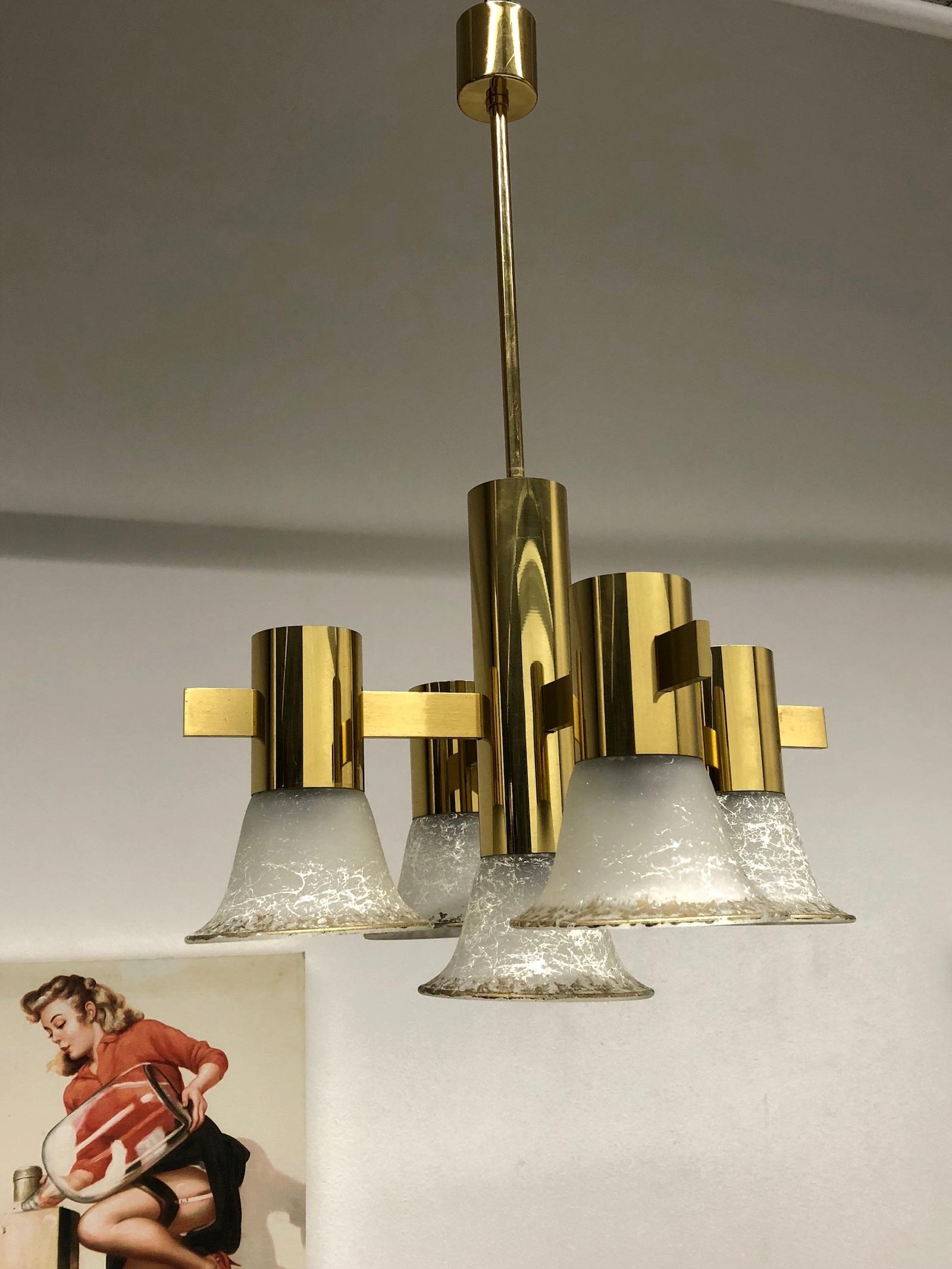 Very rare and beautiful gold-plated chandelier. Italy, 1970s. The Chandelier requires five European E14 candelabra bulbs, each up to 40 watts.