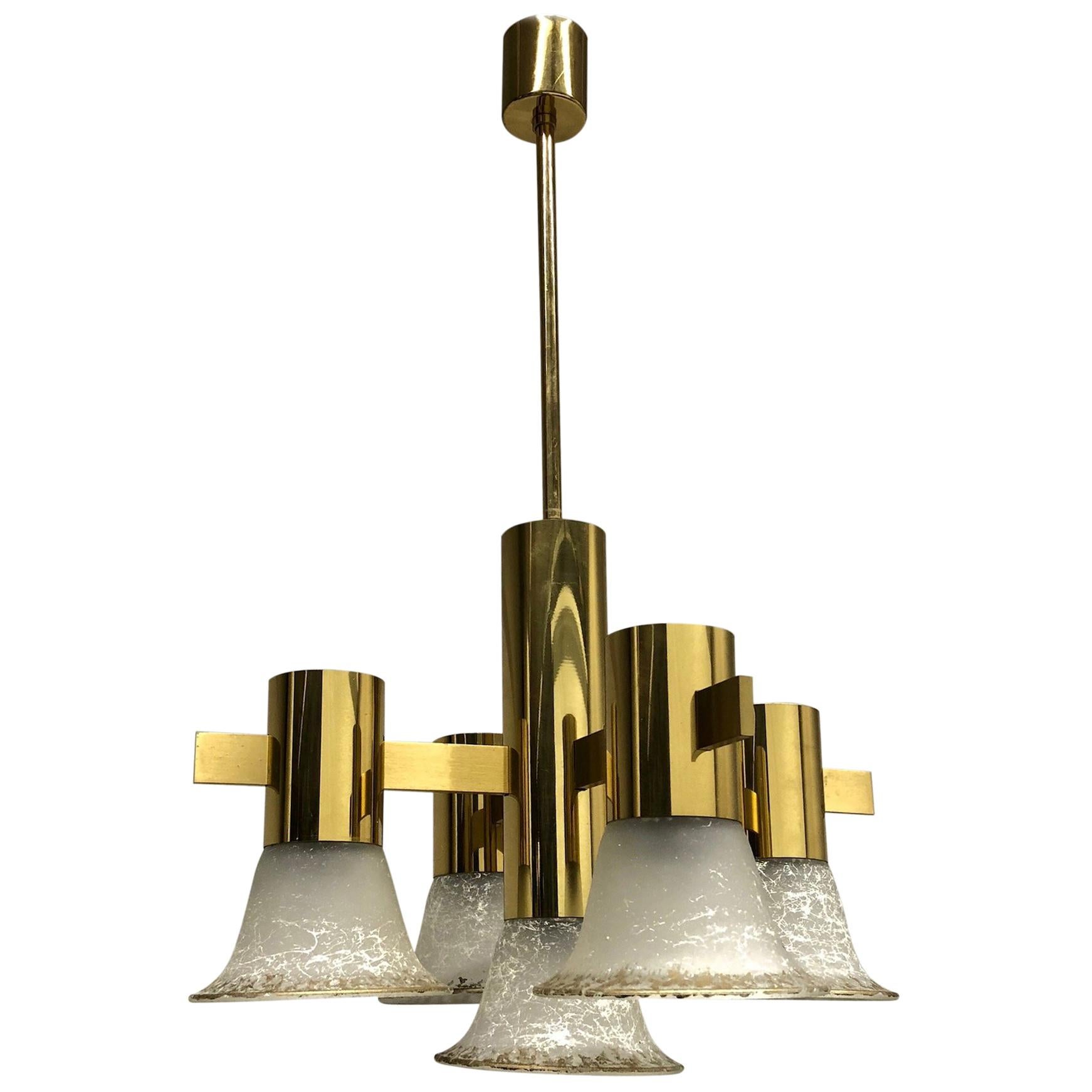 Gold Plate and Glass Gaetano Sciolari Style Vintage Italian Chandelier For Sale