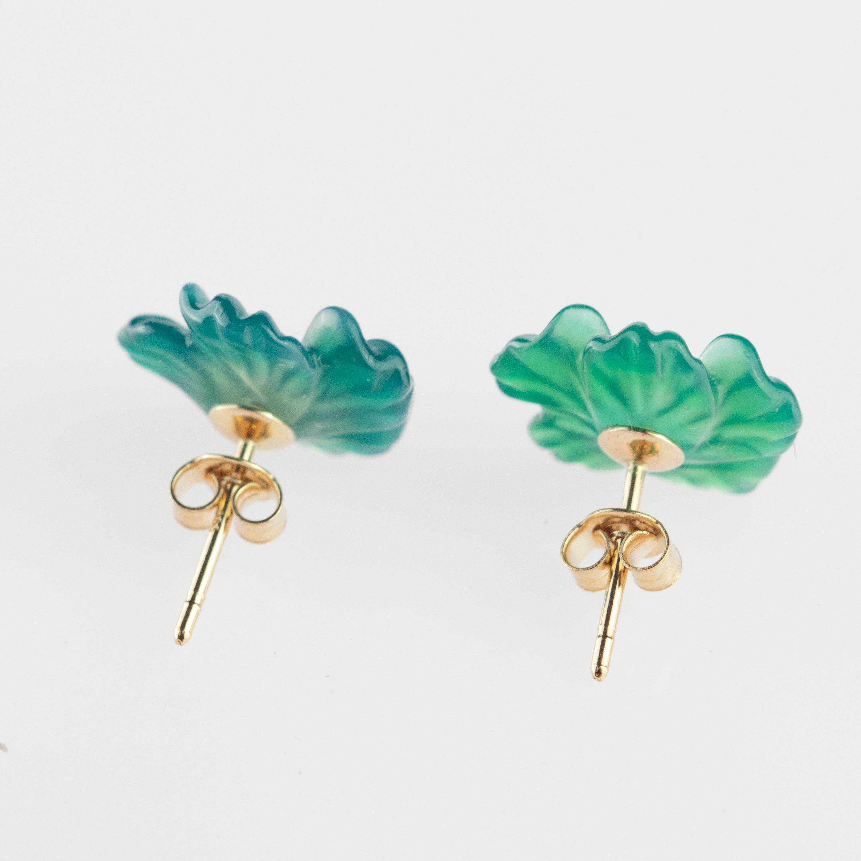 Arts and Crafts Gold Plate Blue Agate Flower Handmade Italian Girl Carved Stud Earrings For Sale