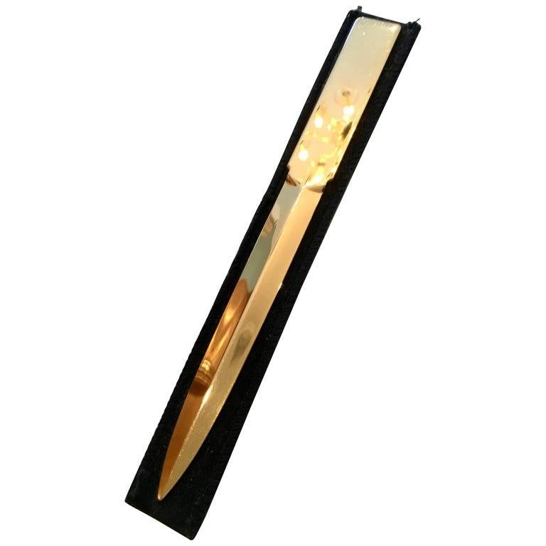 Mid-Century Modern Gold Plate Letter Opener with Felt Case For Sale