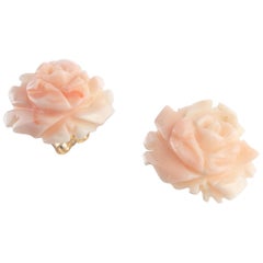 Gold Plate Natural Pink Coral Carved Rose Flower Stud Crafted Girl Boho Earrings