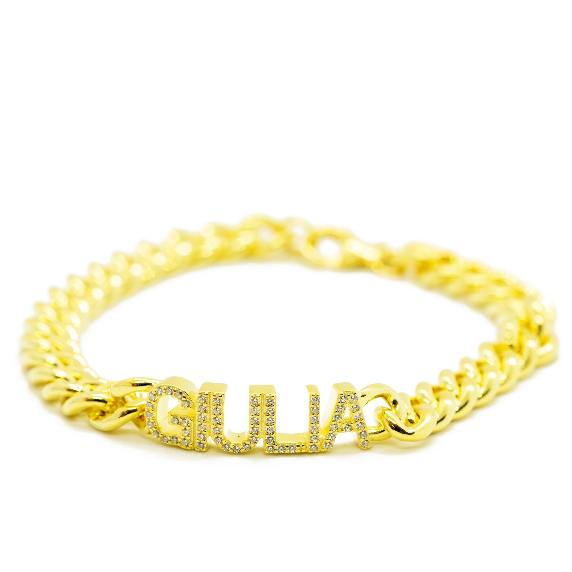 Placa de oro de la cadena de circón nombre personalizado Letras romántico amor pulsera Intini Jewels en Nuevo estado para la venta en Milano, IT