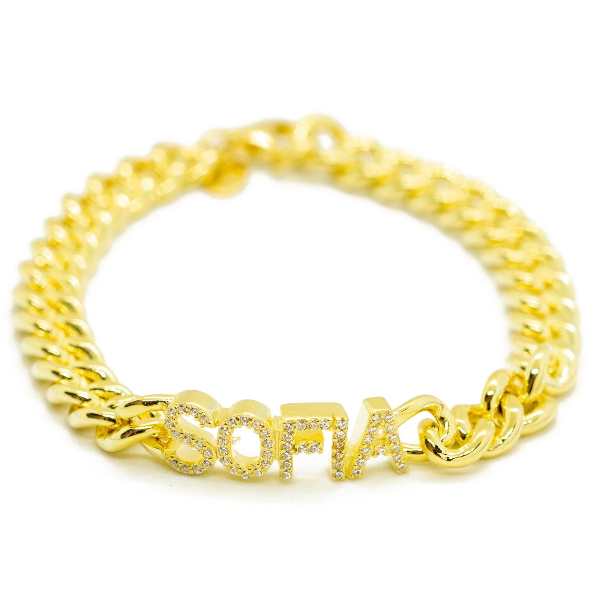 Femenino o masculino Placa de oro de la cadena de circón nombre personalizado Letras romántico amor pulsera Intini Jewels en venta