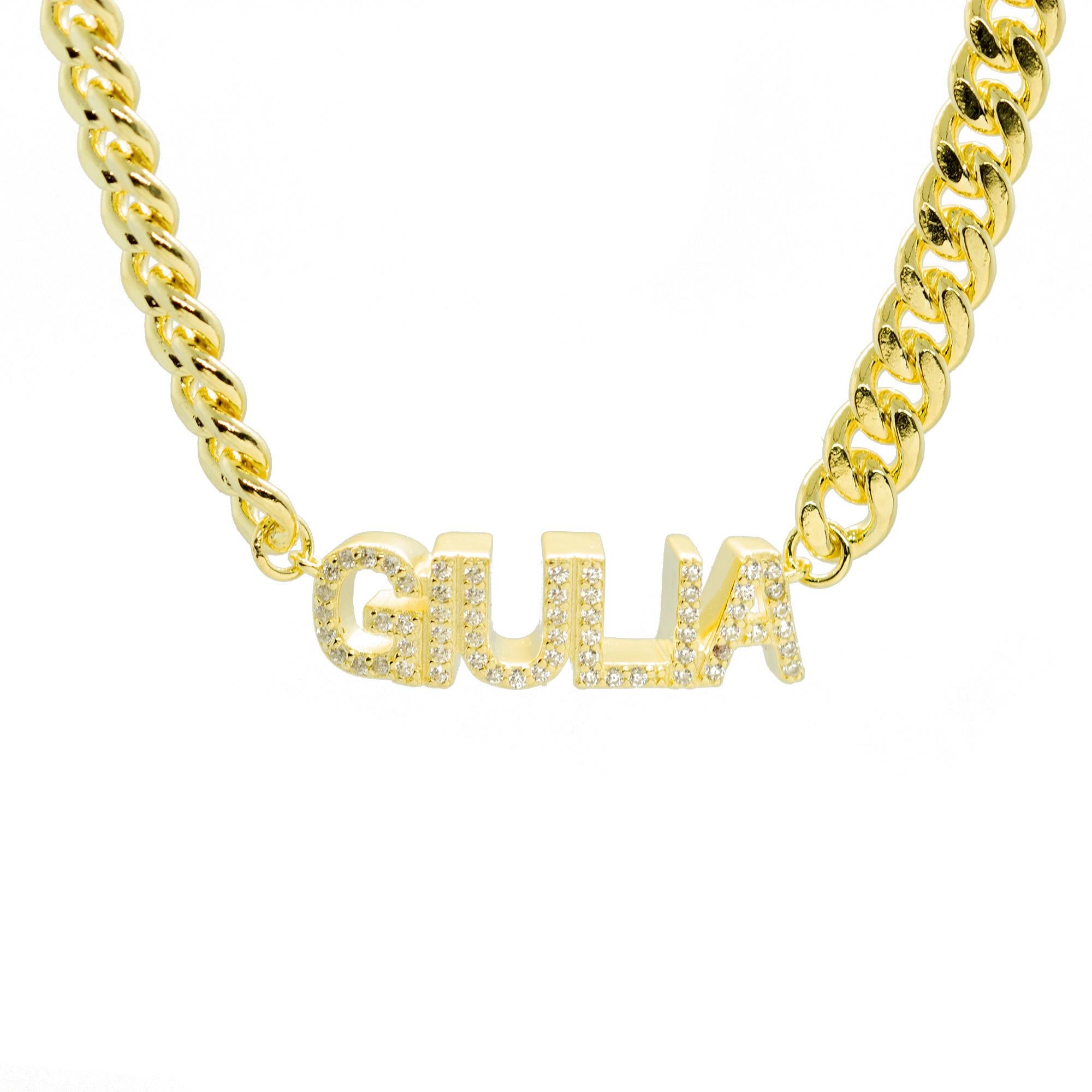 Gold Plate Zircon Chain Name Letters Customisable Chiara Intini Jewels Necklace In New Condition For Sale In Milano, IT