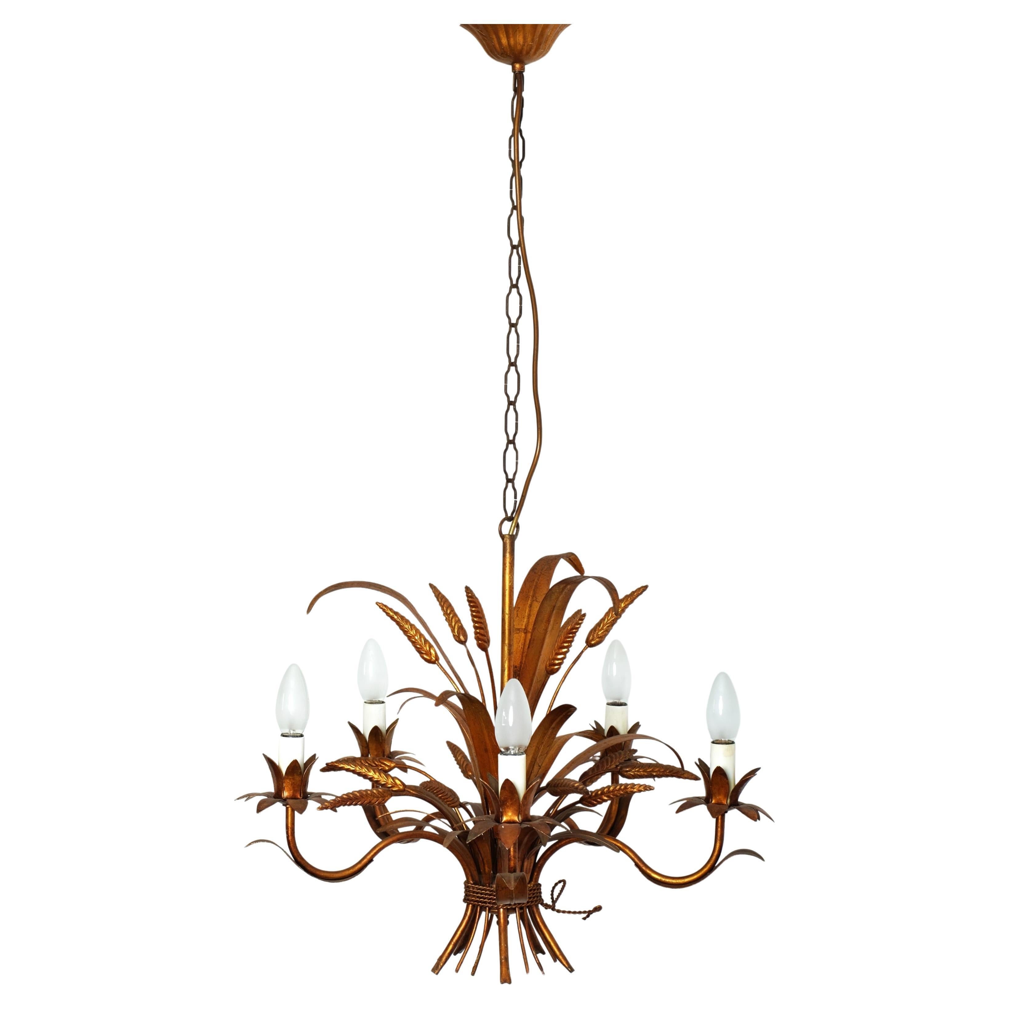 5-Arm Metal Wheat Sheaf Chandelier by Hans Kögl Ceiling Lamp, Germany 1970s