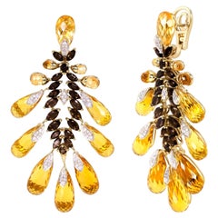 Gold-Plated 79 Carat Citrine, Smoky Quartz and Diamond Chandelier Earrings