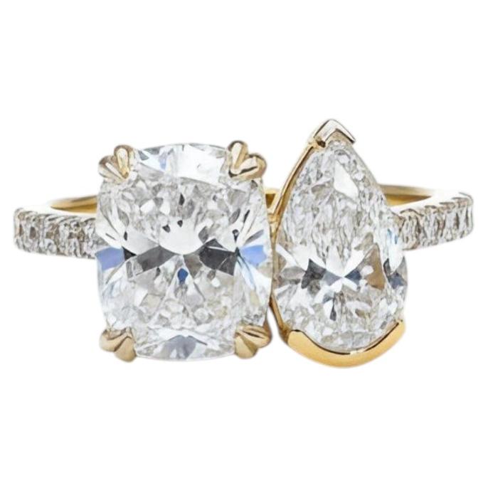 Gold Plated 925 Silver Toi et Moi Ring Cushion Pear Cut Moissanite Ring.