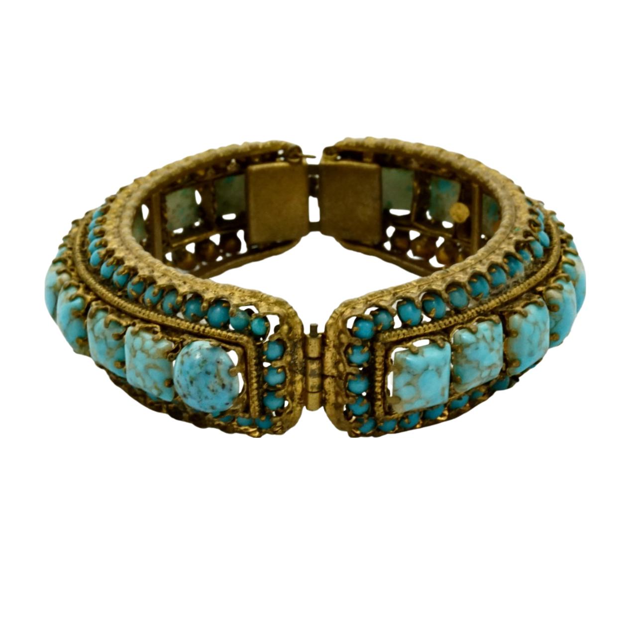Gold Plated and Black Enamel Bangle Bracelet with Faux Turquoise Stones In Good Condition For Sale In London, GB
