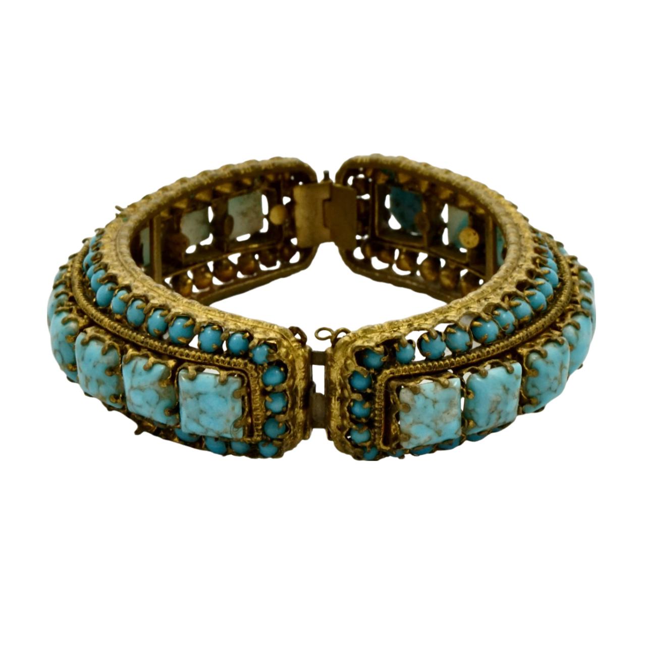 Women's or Men's Gold Plated and Black Enamel Bangle Bracelet with Faux Turquoise Stones For Sale