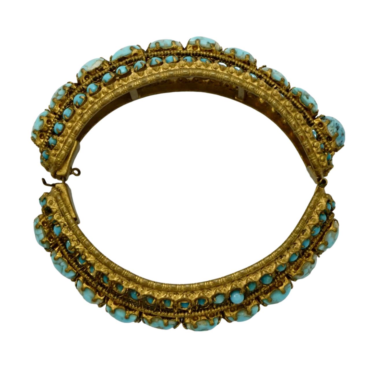 Gold Plated and Black Enamel Bangle Bracelet with Faux Turquoise Stones For Sale 1