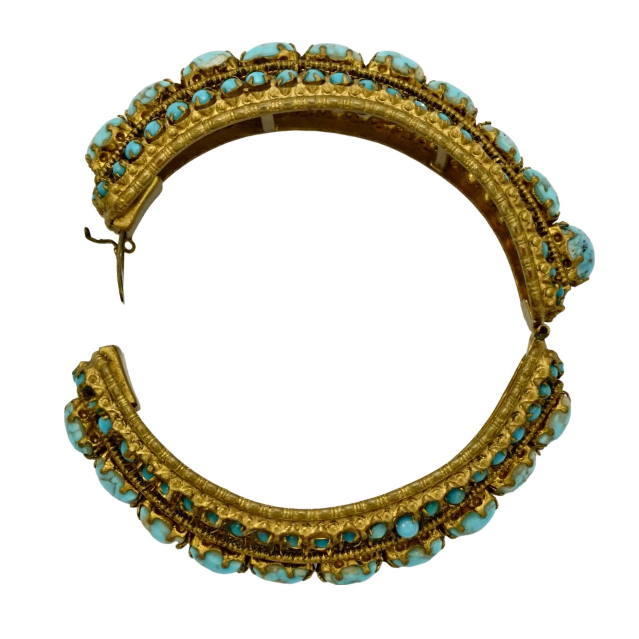 Gold Plated and Black Enamel Bangle Bracelet with Faux Turquoise Stones For Sale 2
