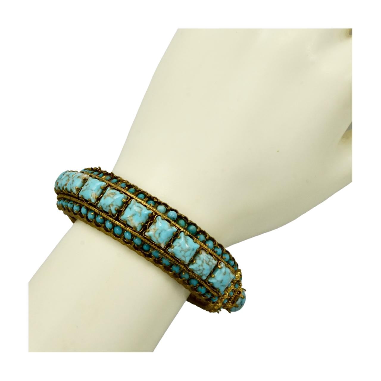 Gold Plated and Black Enamel Bangle Bracelet with Faux Turquoise Stones For Sale 3