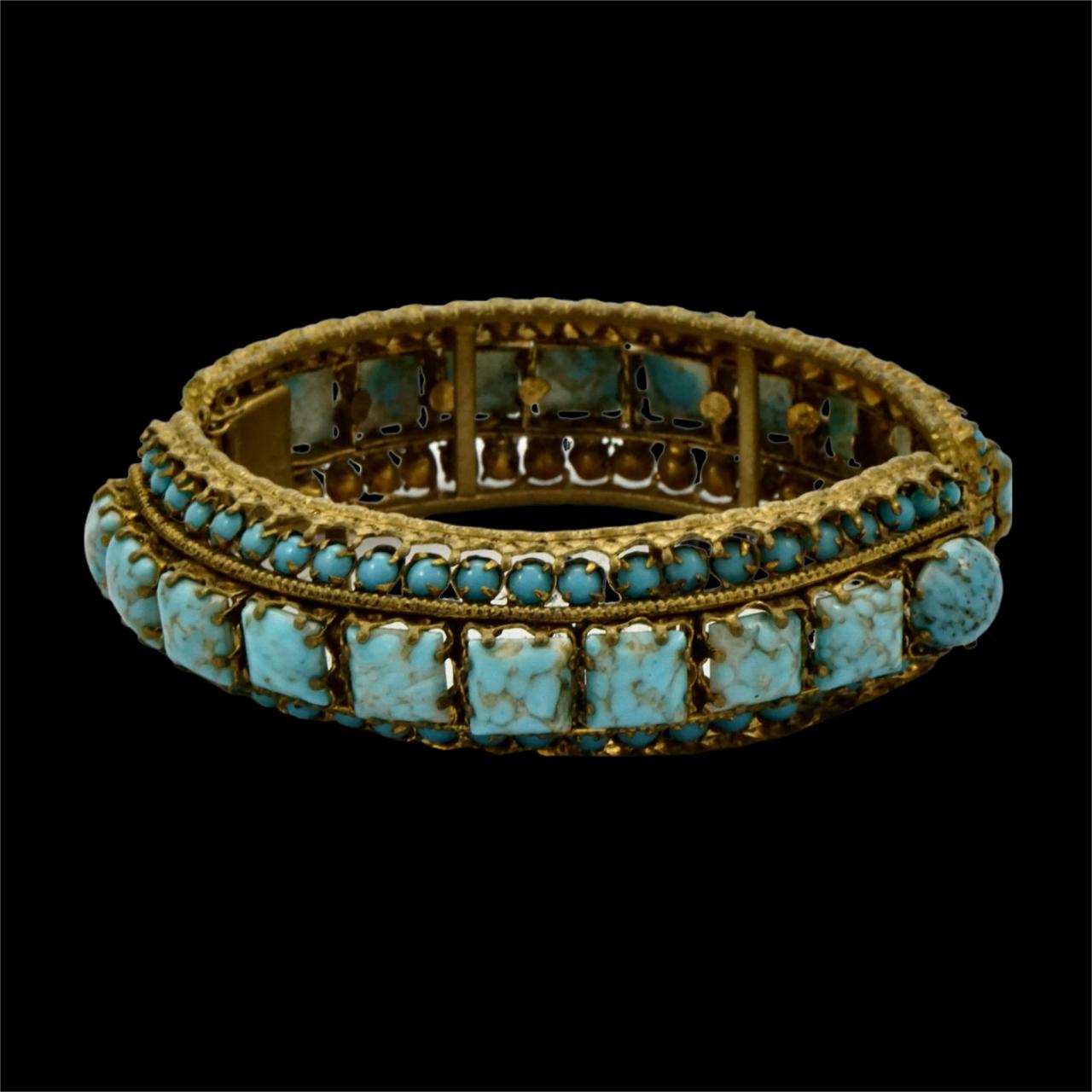 Gold Plated and Black Enamel Bangle Bracelet with Faux Turquoise Stones For Sale 4