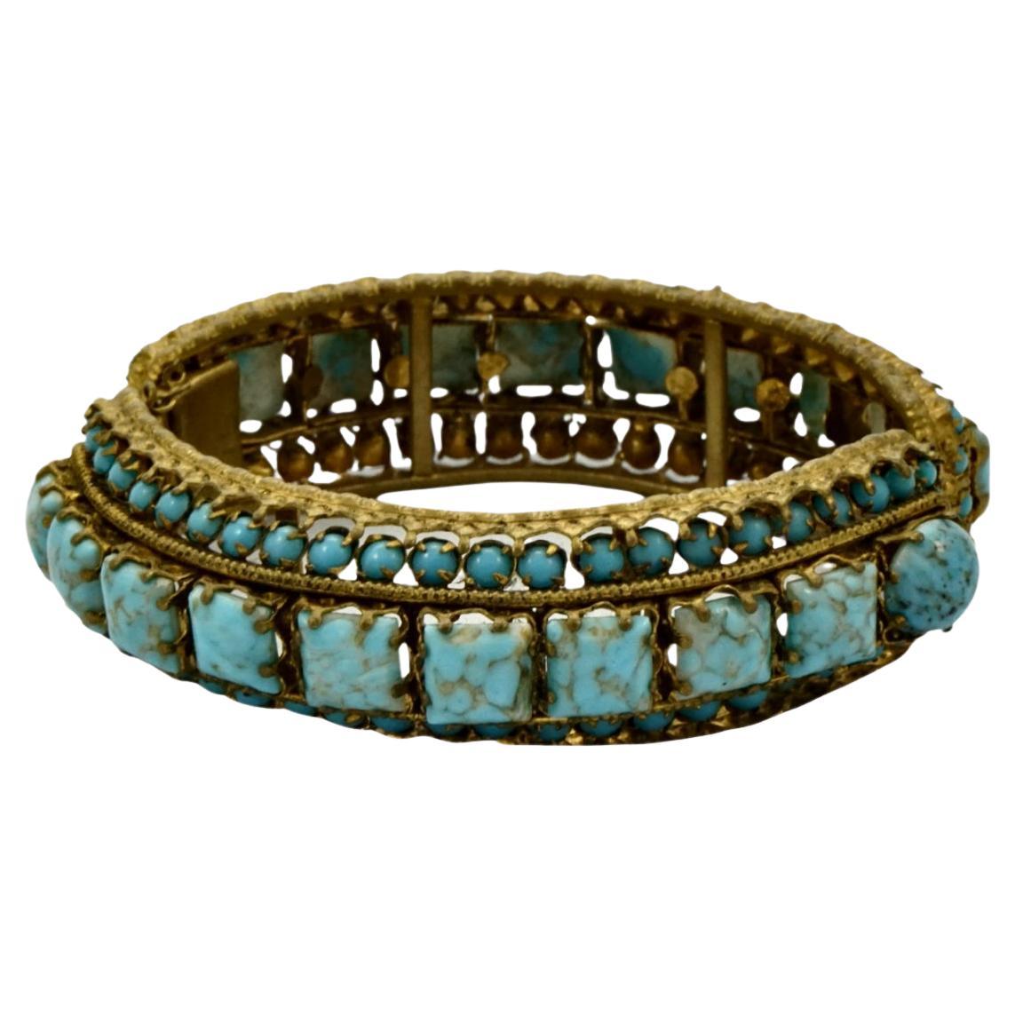 Gold Plated and Black Enamel Bangle Bracelet with Faux Turquoise Stones For Sale