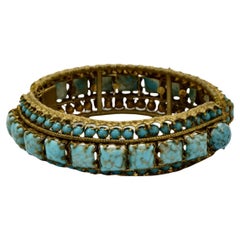 Antique Gold Plated and Black Enamel Bangle Bracelet with Faux Turquoise Stones