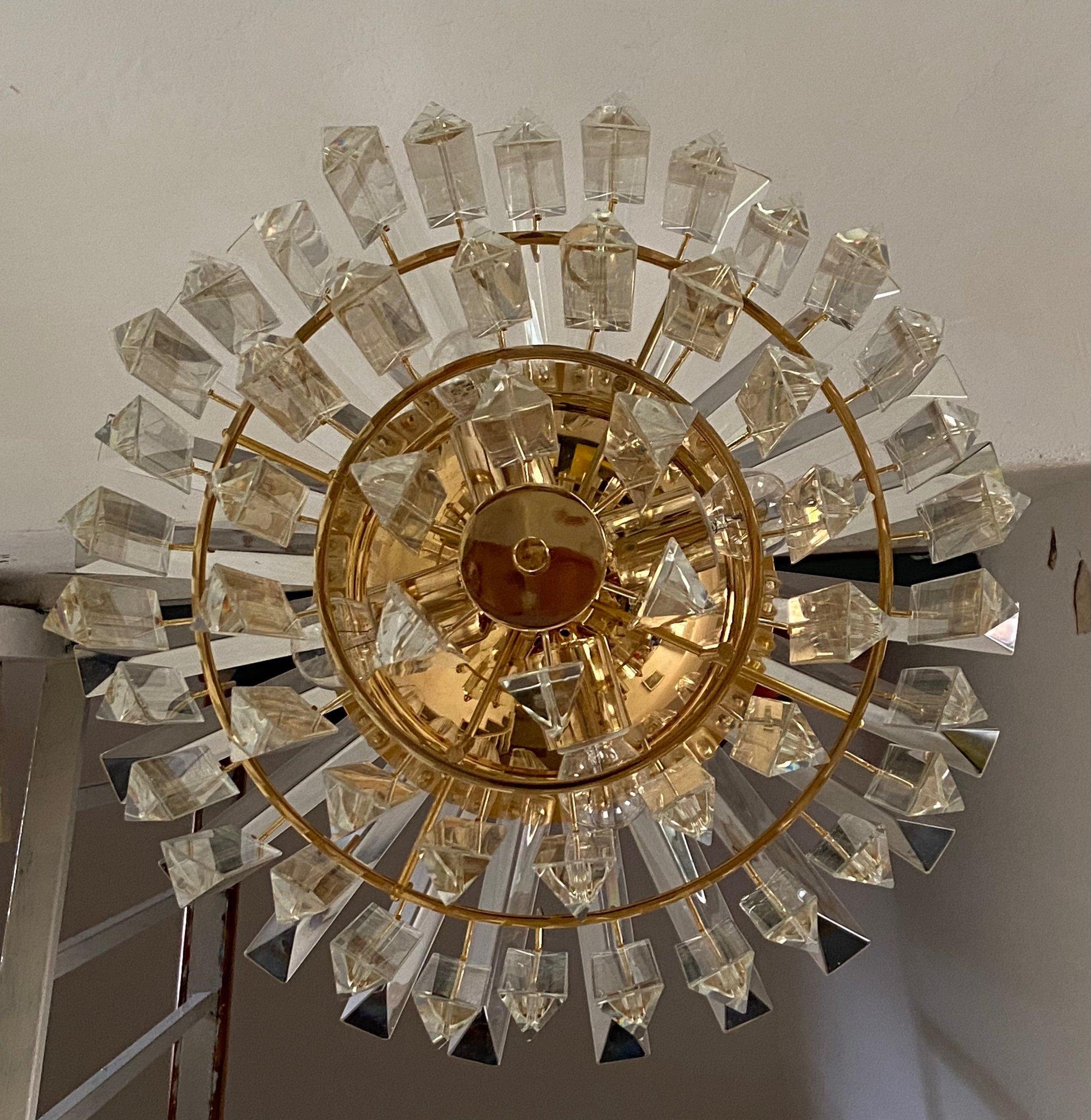 Lampadario in vetro placcato oro e cristallo in vendita 4