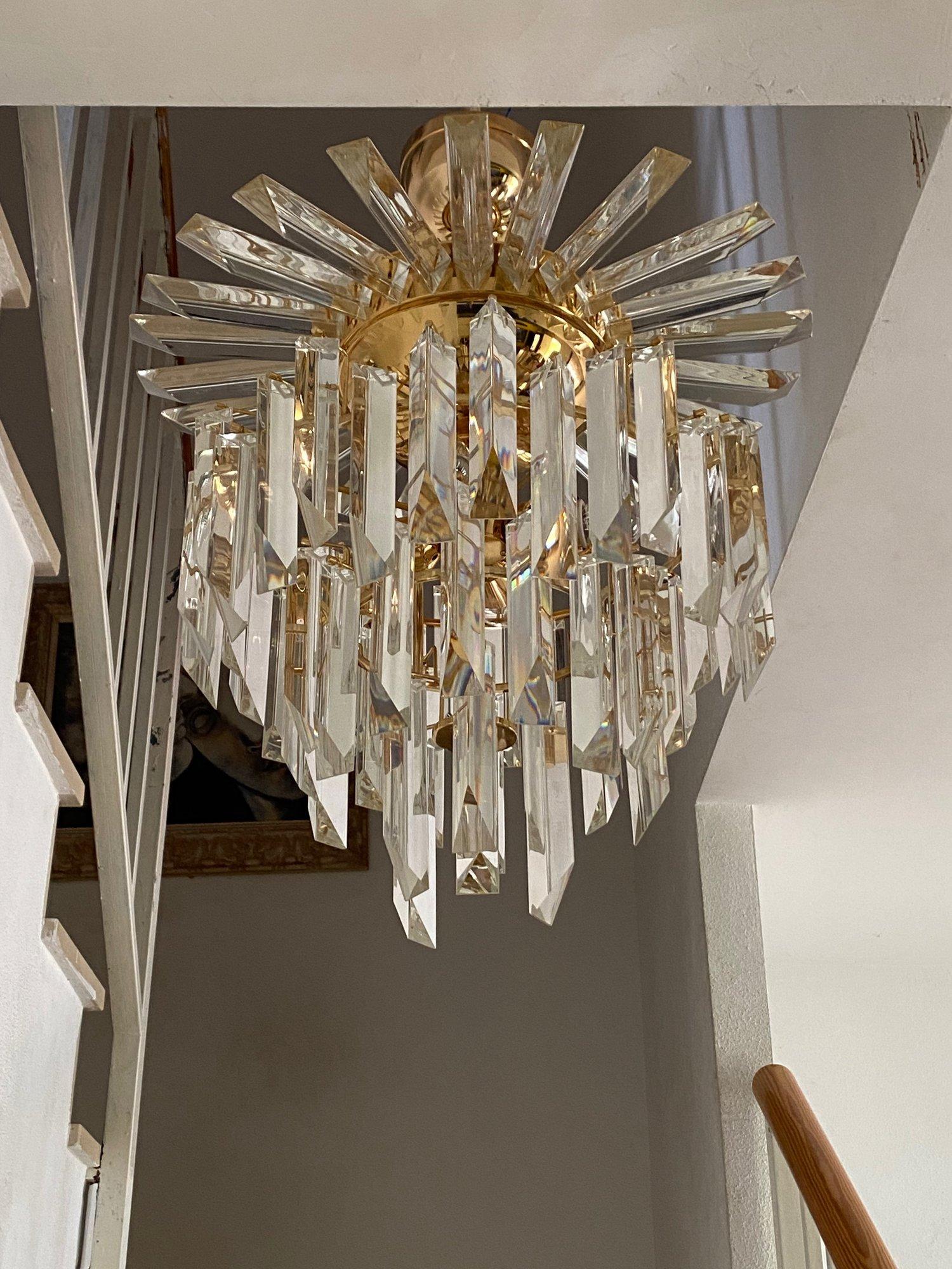 Italian Gold-Plated and Crystal Glass Chandelier For Sale