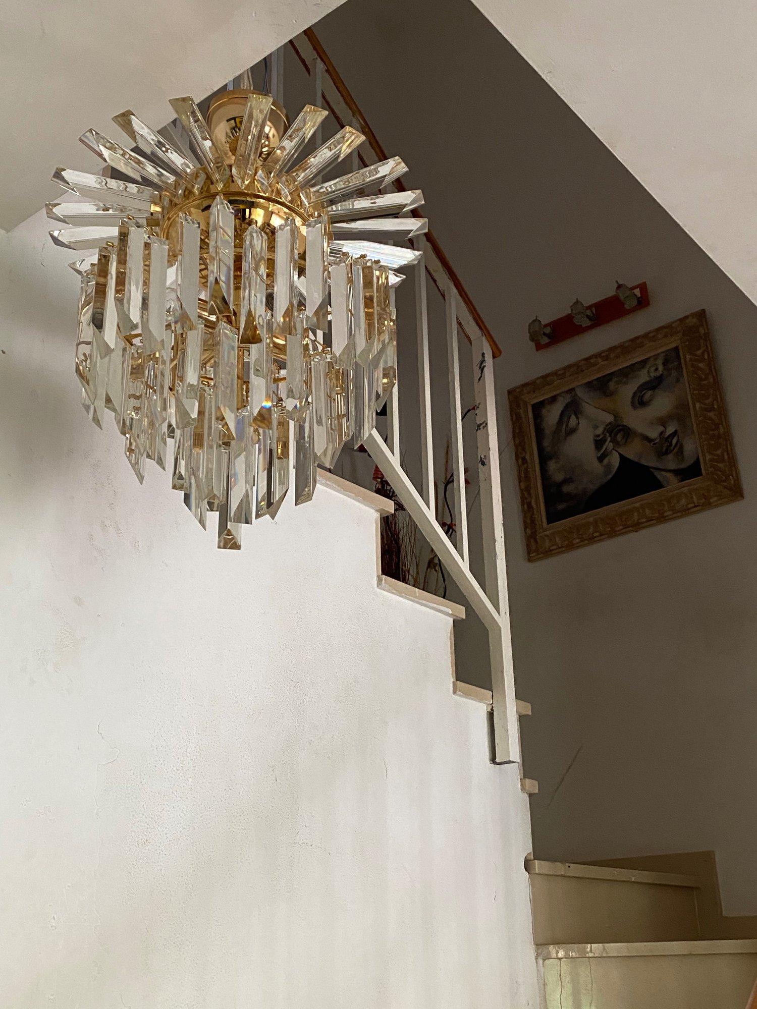 20th Century Gold-Plated and Crystal Glass Chandelier For Sale